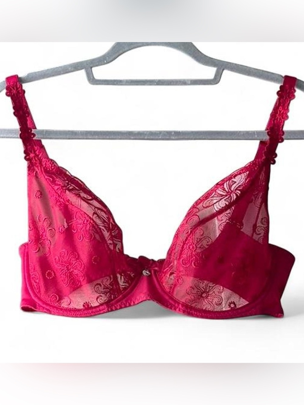 Vintage Simone Perele Dark Pink Sheer Embroidered Mesh Bra Size 32 E/DD